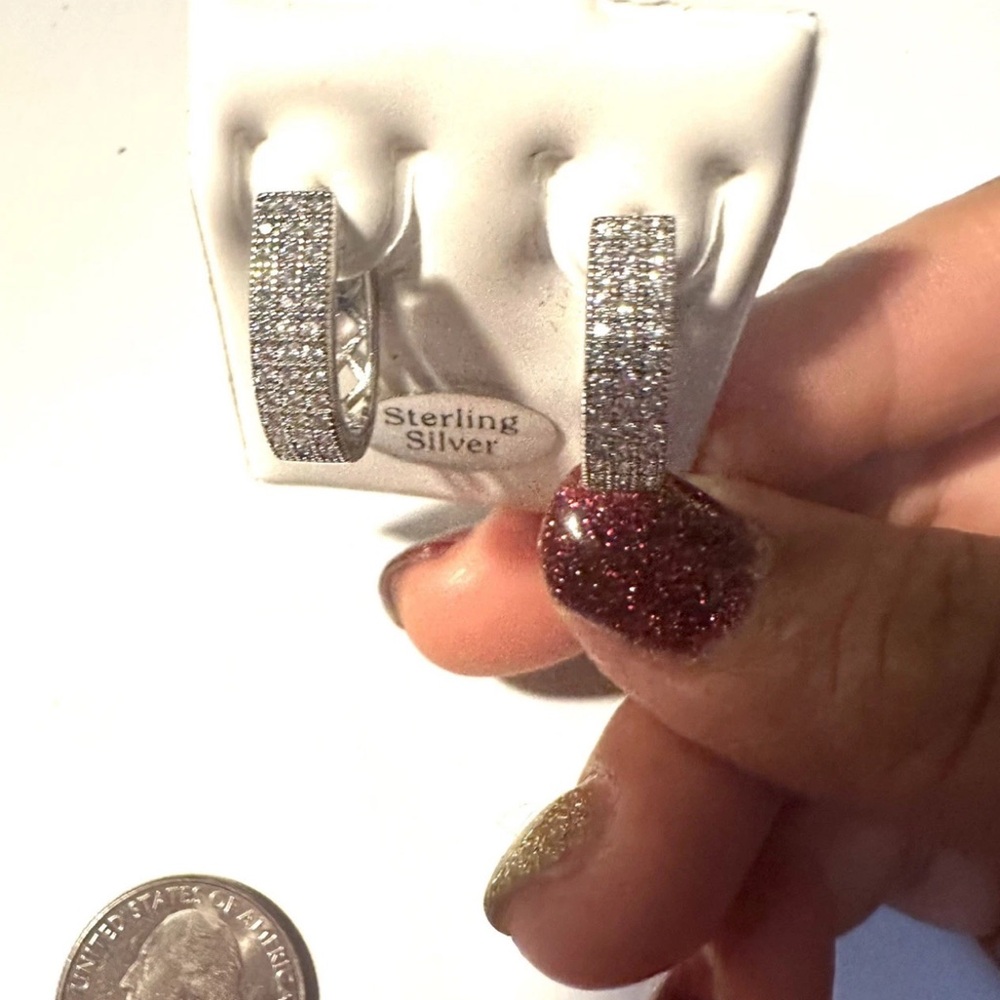 Sterling Silver Huggie Hoops Earrings Zircon Artisan Marked - BRAND NEW - Picture 6 of 11